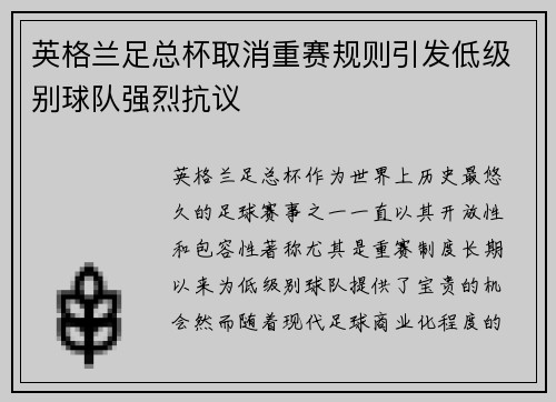 英格兰足总杯取消重赛规则引发低级别球队强烈抗议